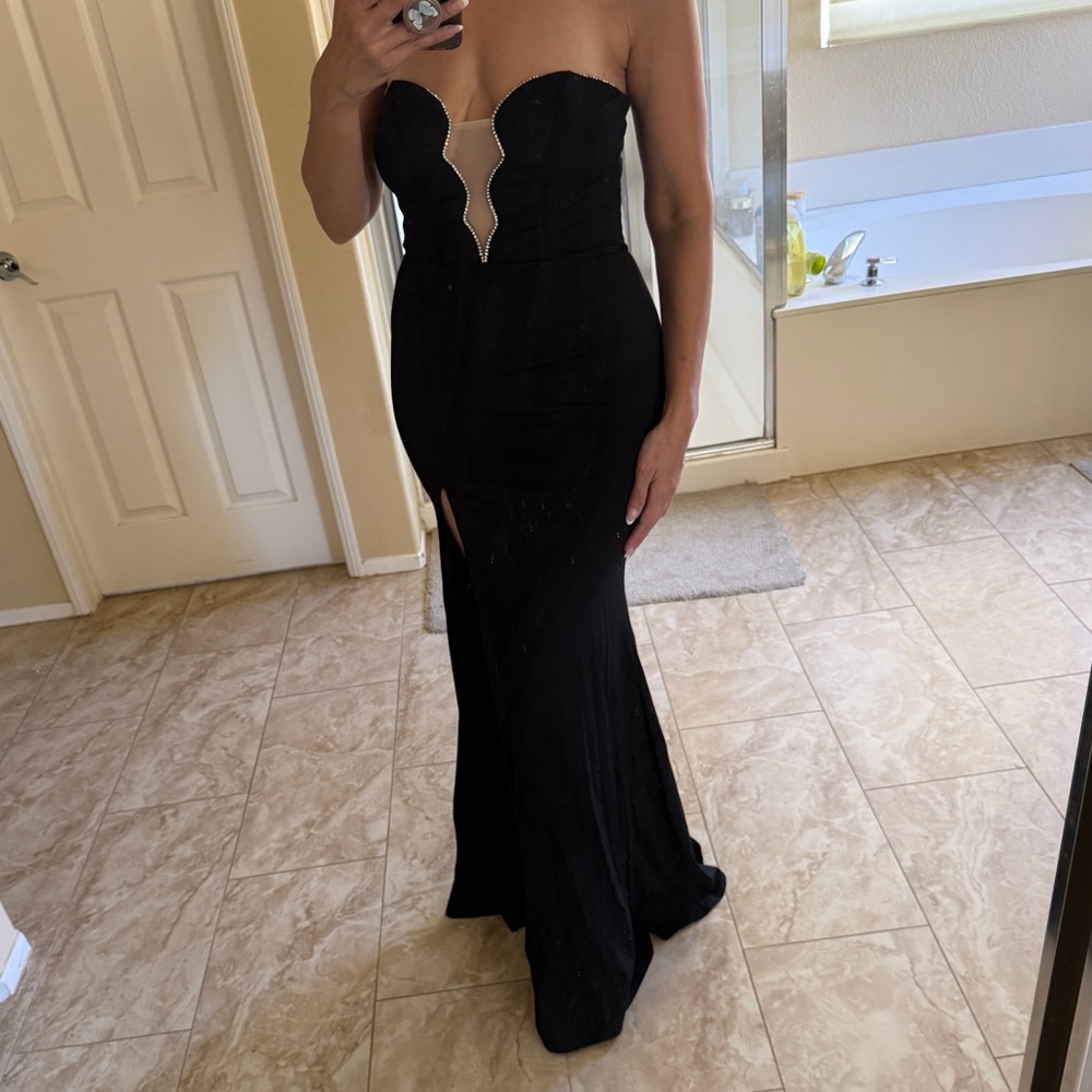 Strapless Black Evening Gown with Rhinestone Trim